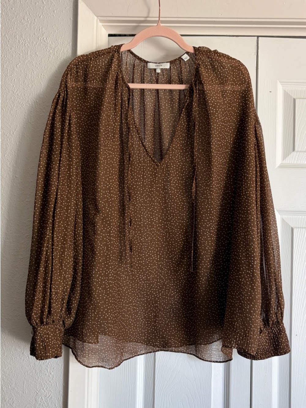 VINCE (missing slip) Starry Dot Apollo Dot Sheer Billowy Tie Neck Blouse - Picture 6 of 15